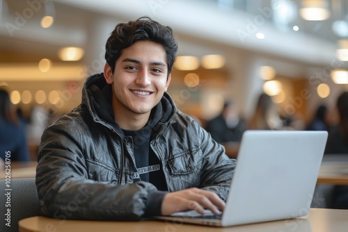 Young man smiling while using a laptop in a modern setting