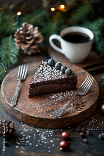 Chocolate cake slice served on a wooden board with coffee and pine decoration...