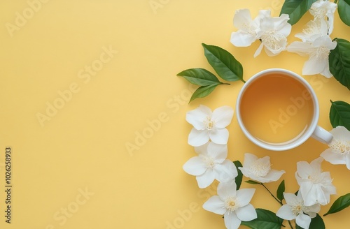 A serene cup of tea surrounded by delicate flowers on a bright yellow background
