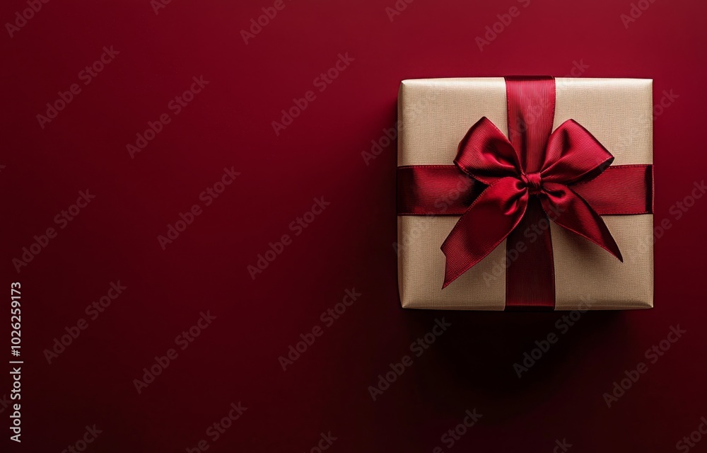 A beautifully wrapped gift box with a red ribbon sits elegantly on a deep red background