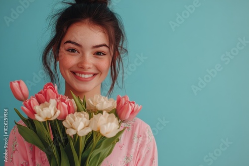 Young woman smiling while holding a bouquet of pink tulips against a blue bac...