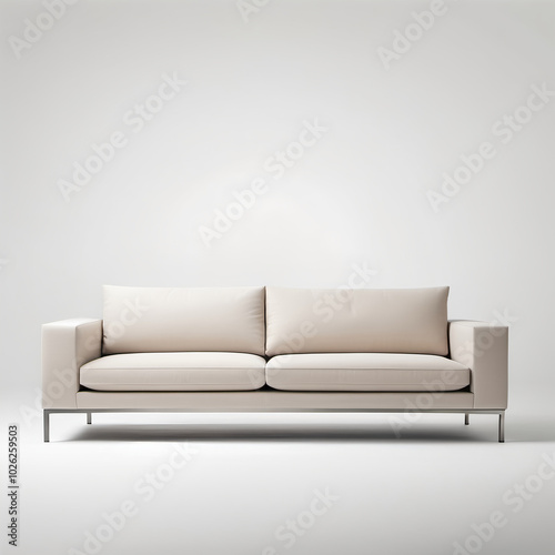 A sleek, low-profile sofa with clean lines, featuring neutral-colored upholstery and slim metal legs, isolated on a white background.