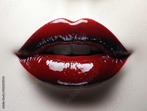 A pair of bold red lips slightly puckered, creating a defined crease, isolated on white background 