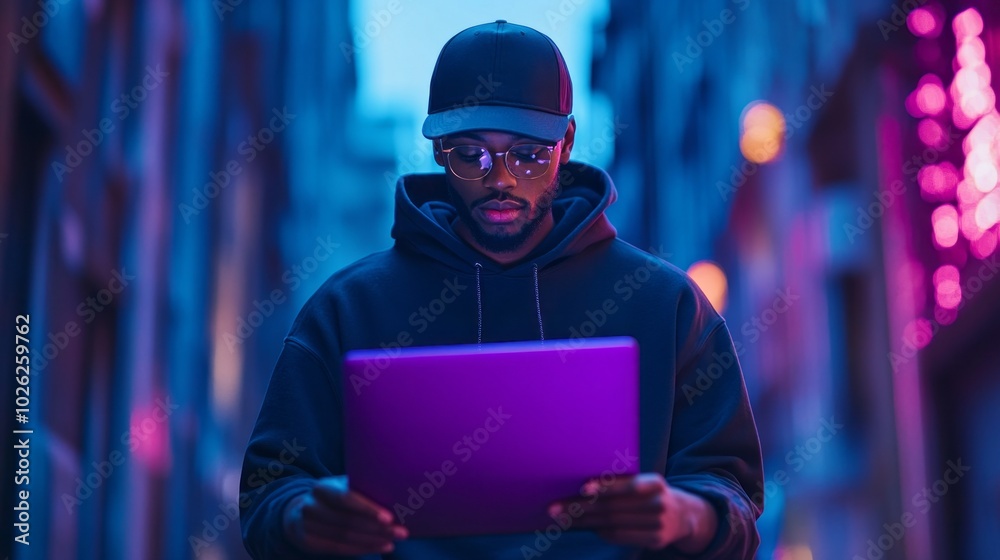 A man wearing a black hoodie and a black hat is looking at a purple laptop A man wearing a black hoodie and a black hat is looking at a purple laptop