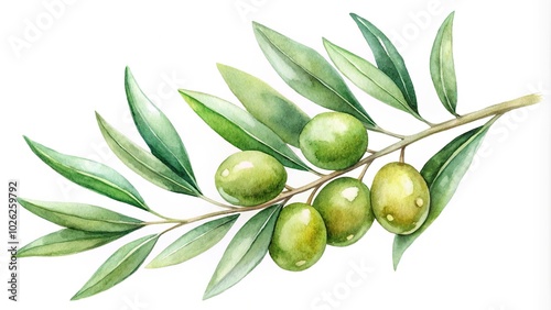 Minimalist watercolor illustration of olive branch with green olives on white background