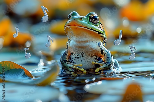 A frog croaking a tune with floating musical notes, surrounded by lily pads. photo