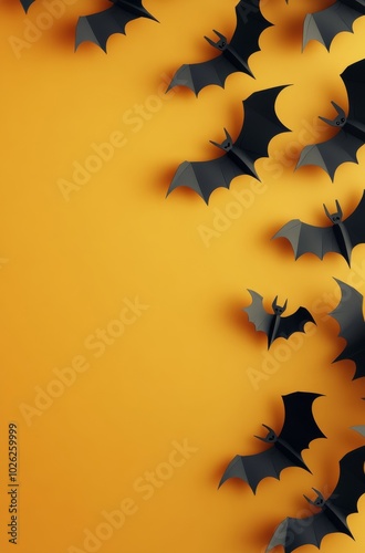 A collection of paper bats flying against a bright orange background during a...