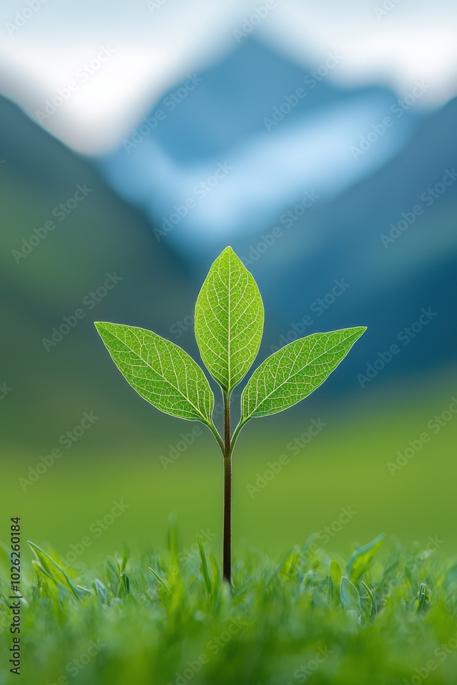 Young green plant with three leaves on blurred mountain background.
