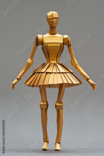 Wooden mannequin dressed in a pleated skirt, isolated on a grey background.