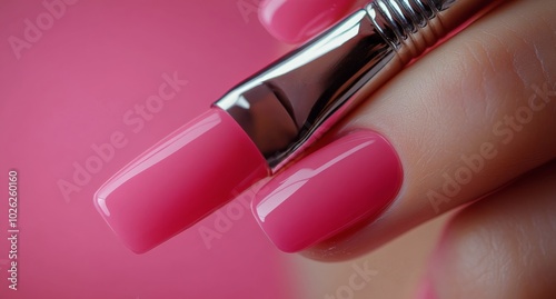 Bright pink nail polish application with a brush in a beauty studio