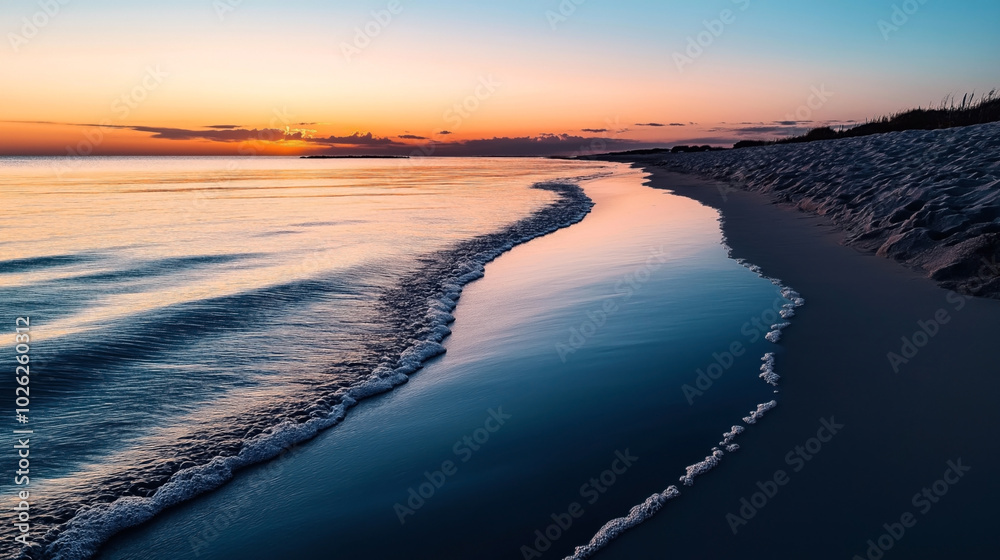Fototapeta premium Serene sunset over a calm ocean with gentle waves lapping against a sandy beach shoreline under a colorful sky