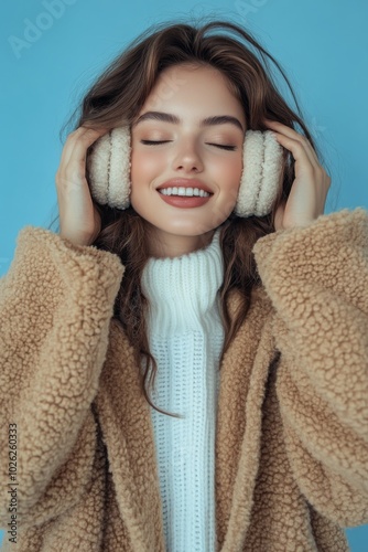 Young woman smiles while wearing warm ear muffs and a cozy sweater against a ...