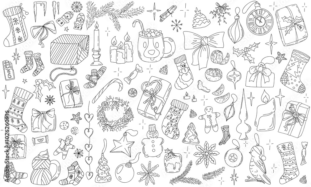 Merry Christmas and Happy New Year festive vector collection. Different hand drawn doodle elements, presents, cozy socks, Christmas tree decorations, baubles, Christmas ornaments, holidays attributes. Merry Christmas and Happy New Year festive vector collection. Different hand drawn doodle elements, presents, cozy socks, Christmas tree decorations, baubles, Christmas ornaments, holidays attributes.