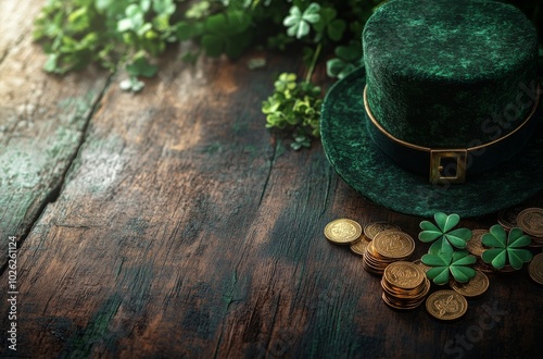 Decorative green hat with shamrocks and gold coins for St. Patricks Day celeb...