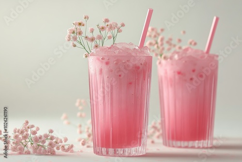 Refreshing pink drinks in elegant glasses with delicate flowers on a light ba...