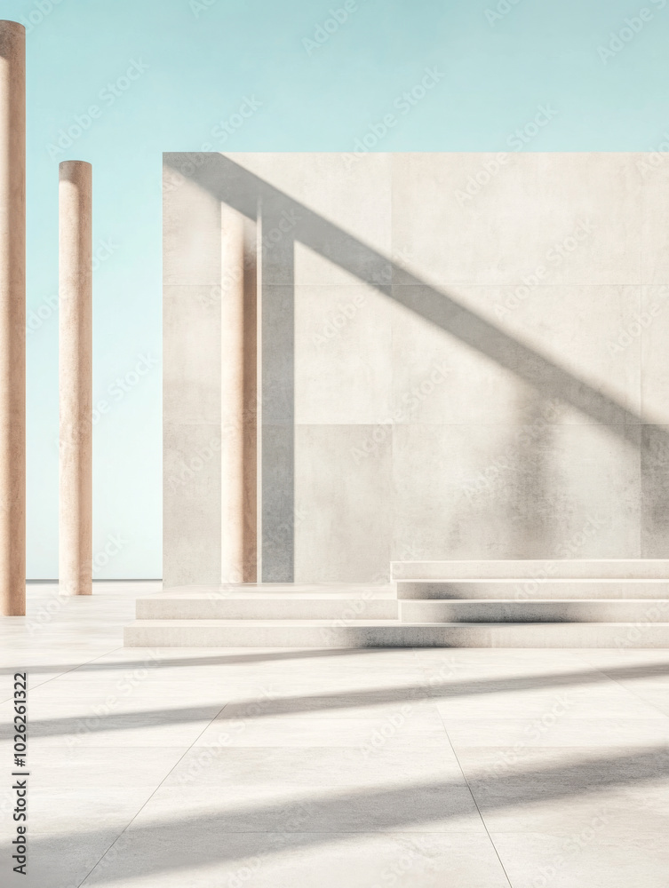 A serene architectural space with vertical columns and soft shadows during daylight A serene architectural space with vertical columns and soft shadows during daylight