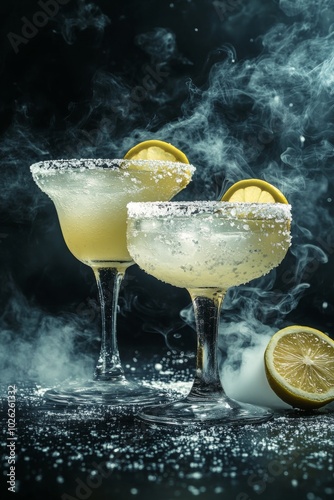 Refreshing margaritas served with lime wedges and a touch of salt under drama...