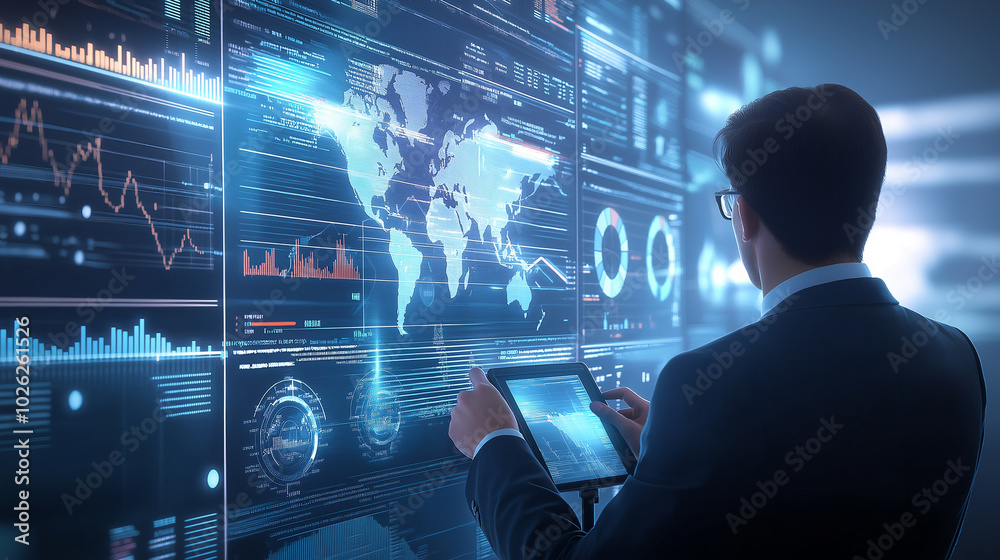 A realistic photo of a financial business executive analyzing a digital dashboard filled with stock market data and financial charts , whimsical illustration cartoon style A realistic photo of a financial business executive analyzing a digital dashboard filled with stock market data and financial charts , whimsical illustration cartoon style