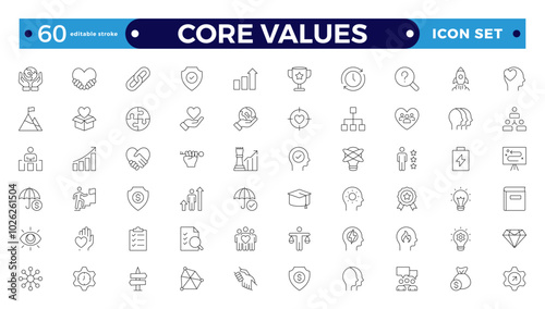 Core Values outline icons set. Vector illustration in modern thin line style of business related icons: integrity, growth, goal, trust, passion, white salary. Editable stroke outline icon.