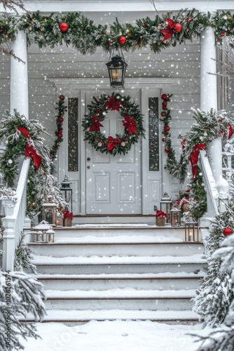 Festively decorated front porch with holiday wreaths and ornaments during win...