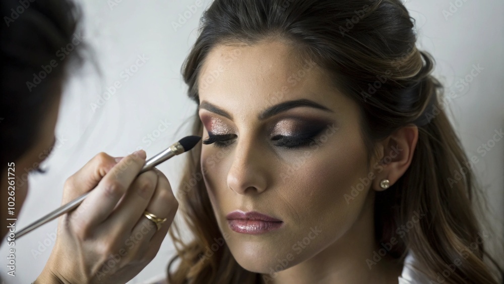 close portrait of a Woman Applying Makeup in Front of camera with Focused Expression close portrait of a Woman Applying Makeup in Front of camera with Focused Expression