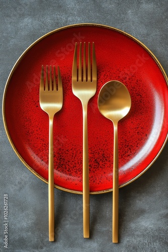 Elegant red plate set with golden fork and spoon arranged on a textured gray ...