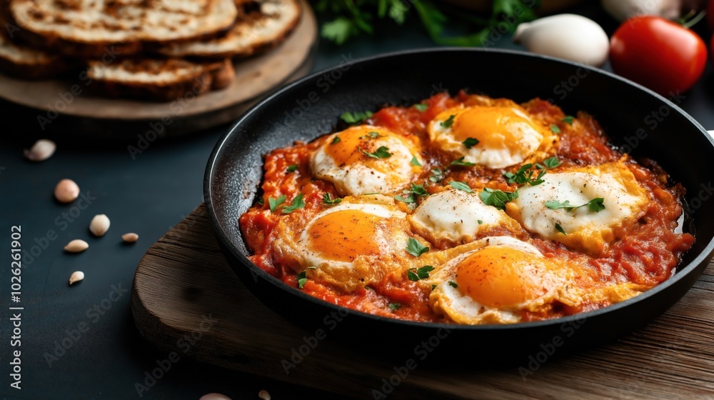 Skillet with shakshuka, featuring poached eggs in tomato sauce garnished with parsley, accompanied by toasted bread and fresh ingredients on a wooden board. Skillet with shakshuka, featuring poached eggs in tomato sauce garnished with parsley, accompanied by toasted bread and fresh ingredients on a wooden board.