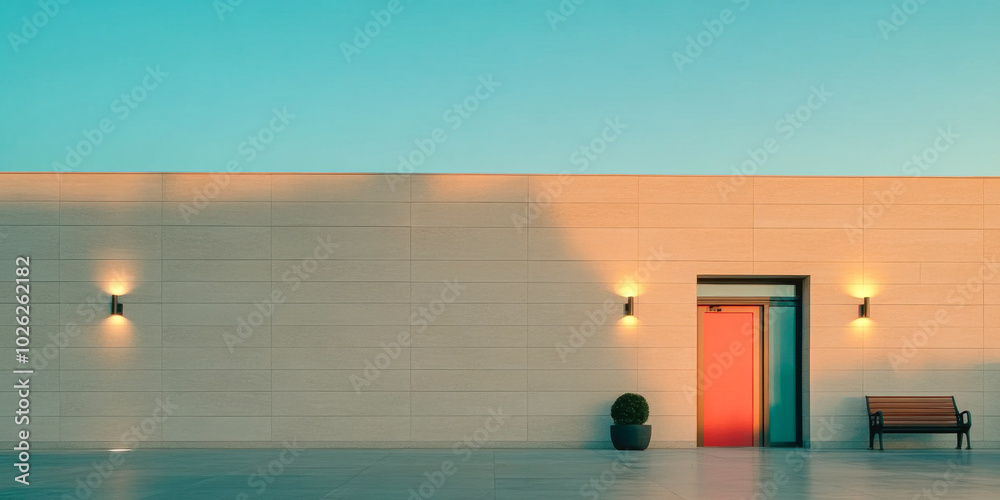 Minimalist architecture featuring a vibrant entrance against a clear blue sky at sunset Minimalist architecture featuring a vibrant entrance against a clear blue sky at sunset