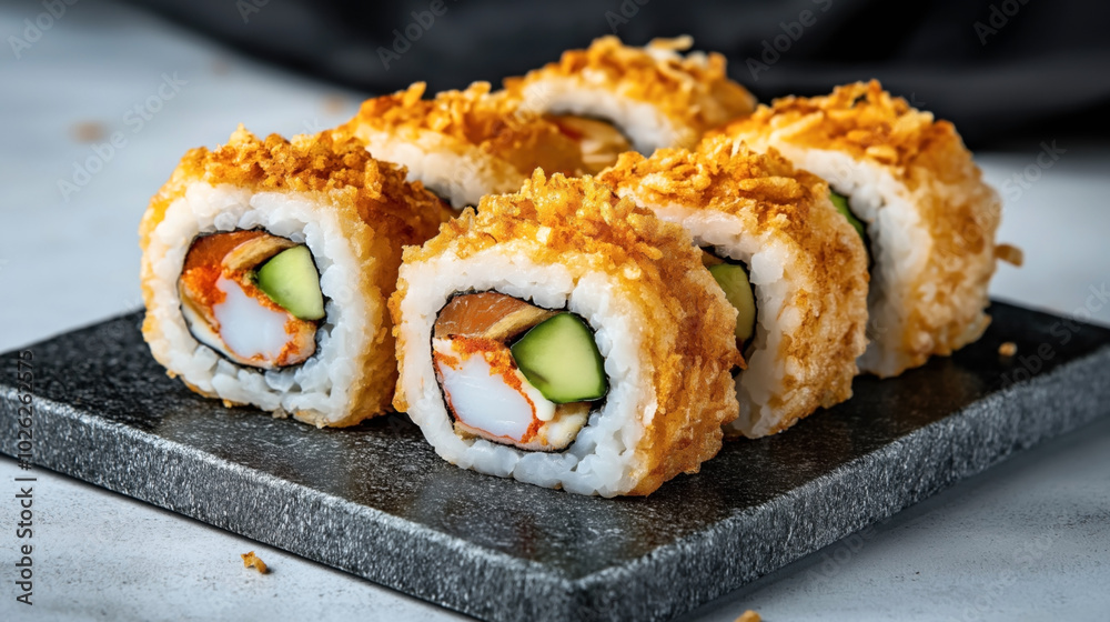 Close-up of crispy sushi rolls with crab, avocado, and fried breadcrumbs on a black slate plate. Close-up of crispy sushi rolls with crab, avocado, and fried breadcrumbs on a black slate plate.