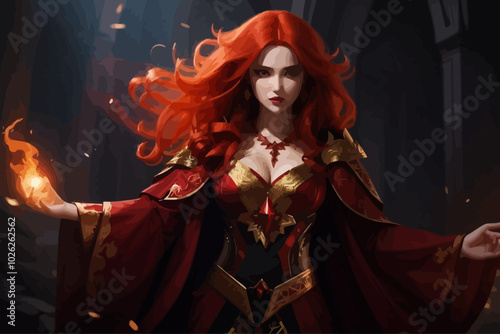 illustration of a powerful sorceress with fiery red hair