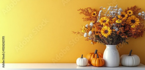 Autumn floral arrangement with pumpkins against a warm yellow background in c...
