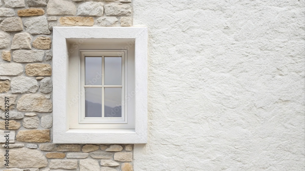 Minimalist white wall with single window and stone trim Minimalist white wall with single window and stone trim