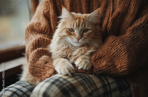 Cozy indoor moment with a fluffy cat nestled in its owners lap on a chilly day