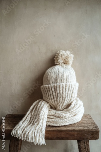 Cozy cream knit hat and scarf set displayed on a wooden table against a neutr...