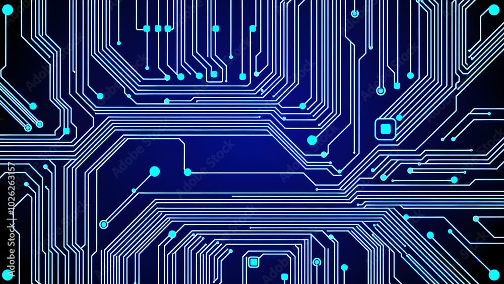 Fotografie Futuristic circuit board with glowing blue nodes, Generative AI