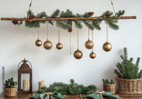 Elegant holiday decorations with golden ornaments and candles on a wooden tab...