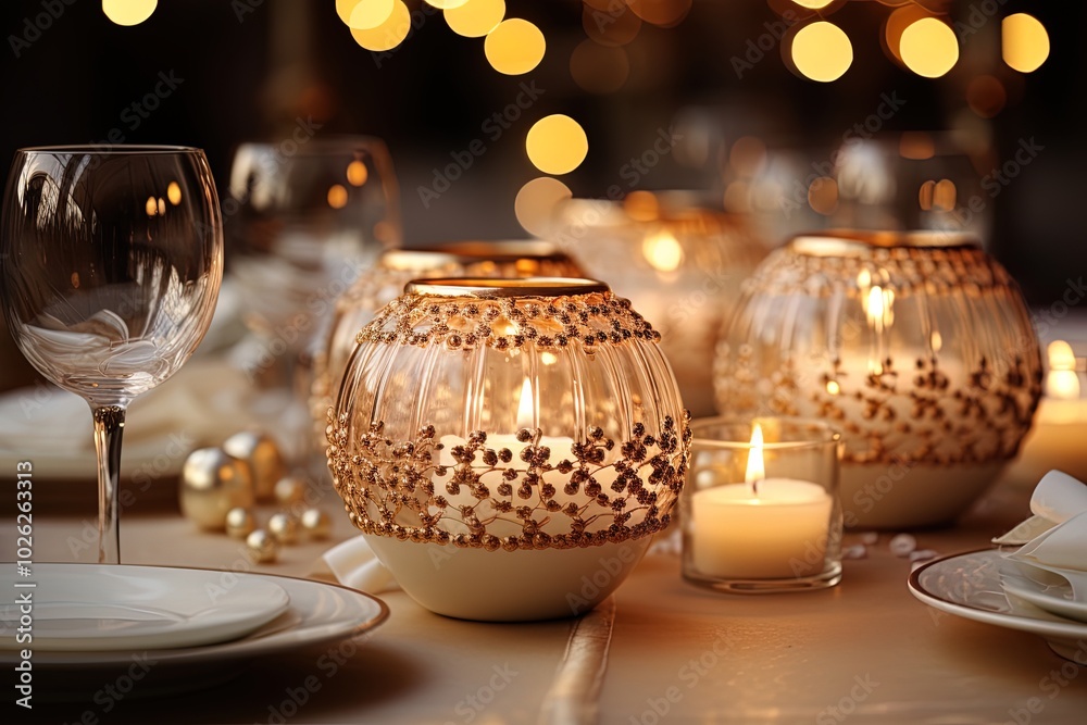 Elegant Christmas table setting with white and gold tableware, candles, fir branches and candles. Elegant Christmas table setting with white and gold tableware, candles, fir branches and candles.