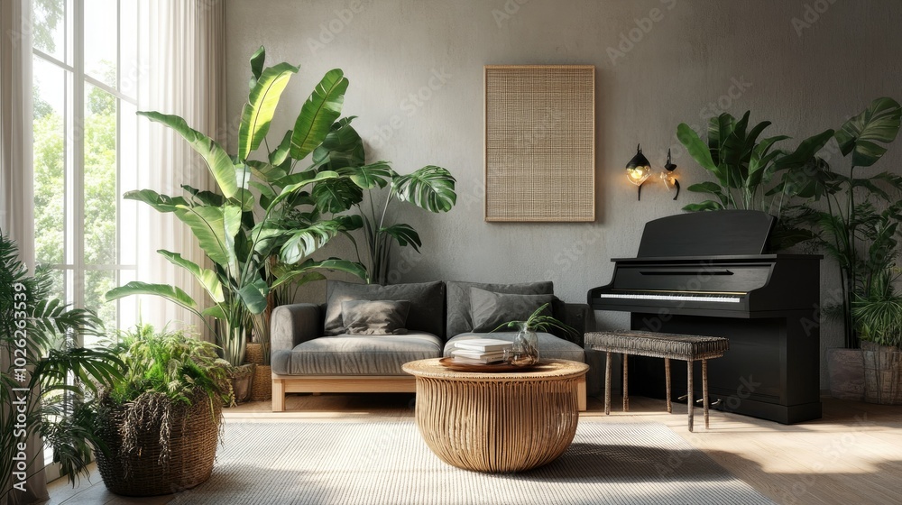 Scandinavian open space with a wooden commode, gray sofa, black piano, and rattan table. Tropical plants and elegant accessories complete the minimalist look. - Scandinavian open space with a wooden commode, gray sofa, black piano, and rattan table. Tropical plants and elegant accessories complete the minimalist look. -