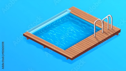 Modern swimming pool with wooden deck and clear blue water.