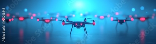 Multiple drones with vibrant lights in a captivating blue and red atmosphere.