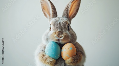 Cute rabbit holding pastel-colored eggs in a soft light setting during spring...