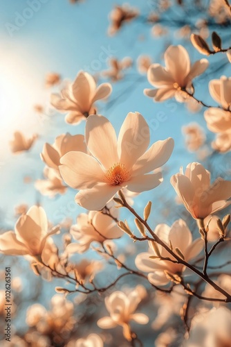 Blossoming magnolia flowers under bright sunlight in a serene spring garden