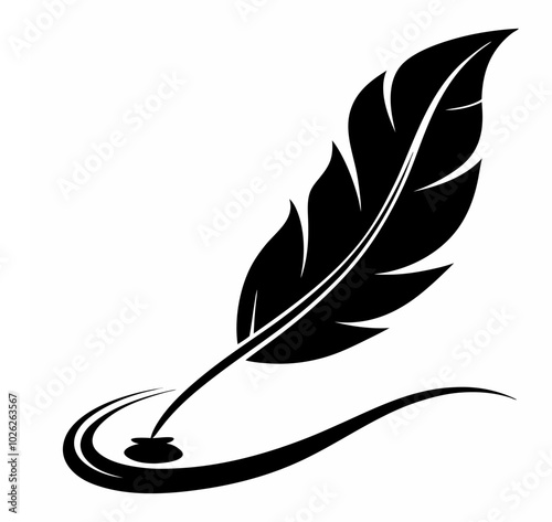 Vector illustration of stationery writing Feather and Ink pen signature, silhouette bird feather Ink quill pen writing curves, and icon.