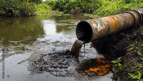 A polluted waterway showing industrial waste being discharged from a rusty pipe into a natural environment.