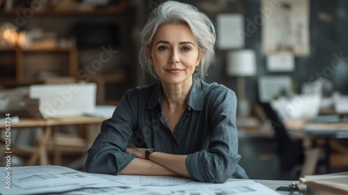 A woman is sitting at a desk with a stack of papers in front of her