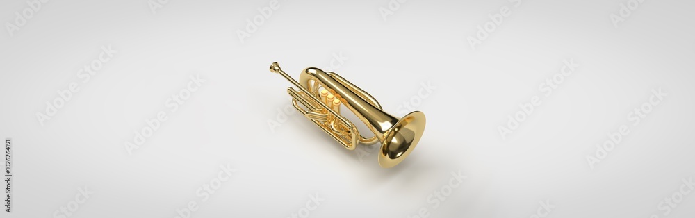 Obraz premium Musical instrument golden trumpet. 3D rendering on the theme of music, musical instruments, concerts, musicians, compositions, orchestra, jazz. Gray background.