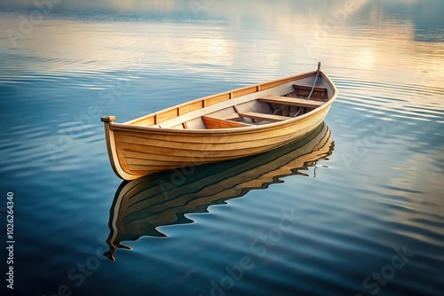 Minimalist wooden rowboat on calm water at sunset