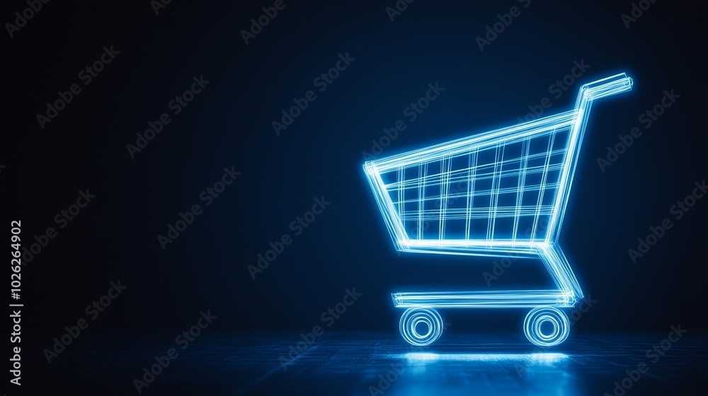 Neon shopping cart design, glowing blue on dark background. Neon shopping cart design, glowing blue on dark background.