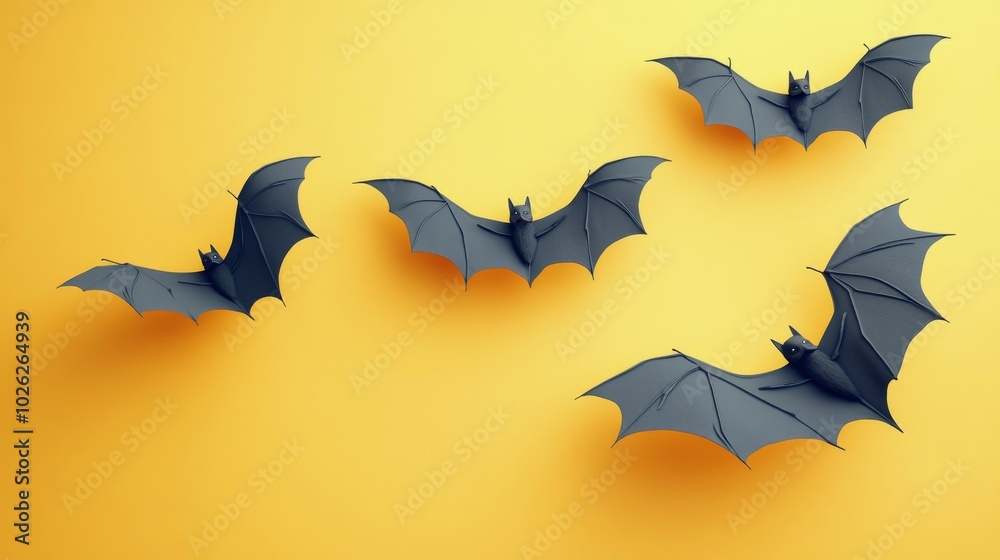Bats flying against a vibrant yellow backdrop during Halloween-themed decorations Bats flying against a vibrant yellow backdrop during Halloween-themed decorations