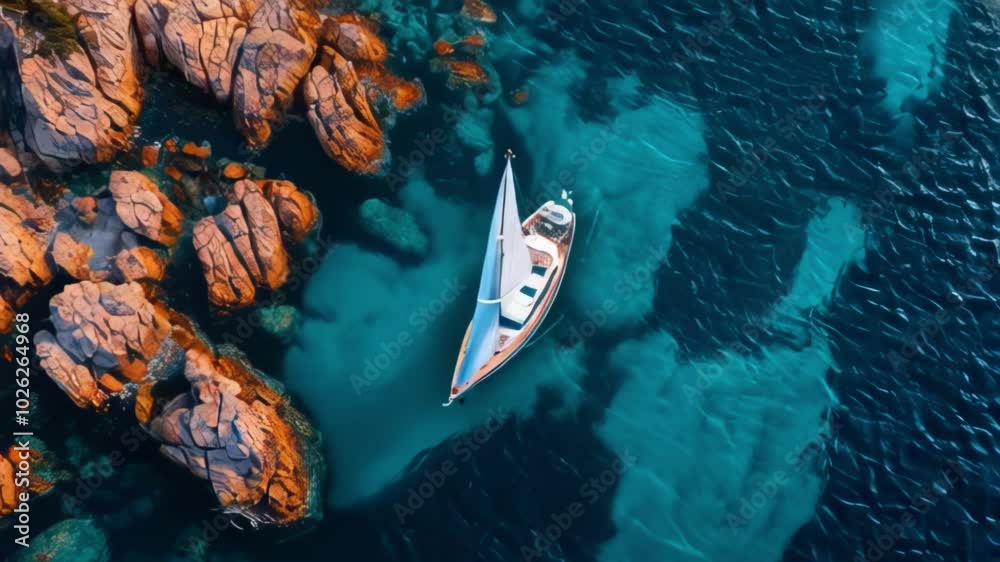 Luxury Yacht Navigating in Crystal Clear Ocean Waters Near Rugged Rocky Shore Luxury Yacht Navigating in Crystal Clear Ocean Waters Near Rugged Rocky Shore